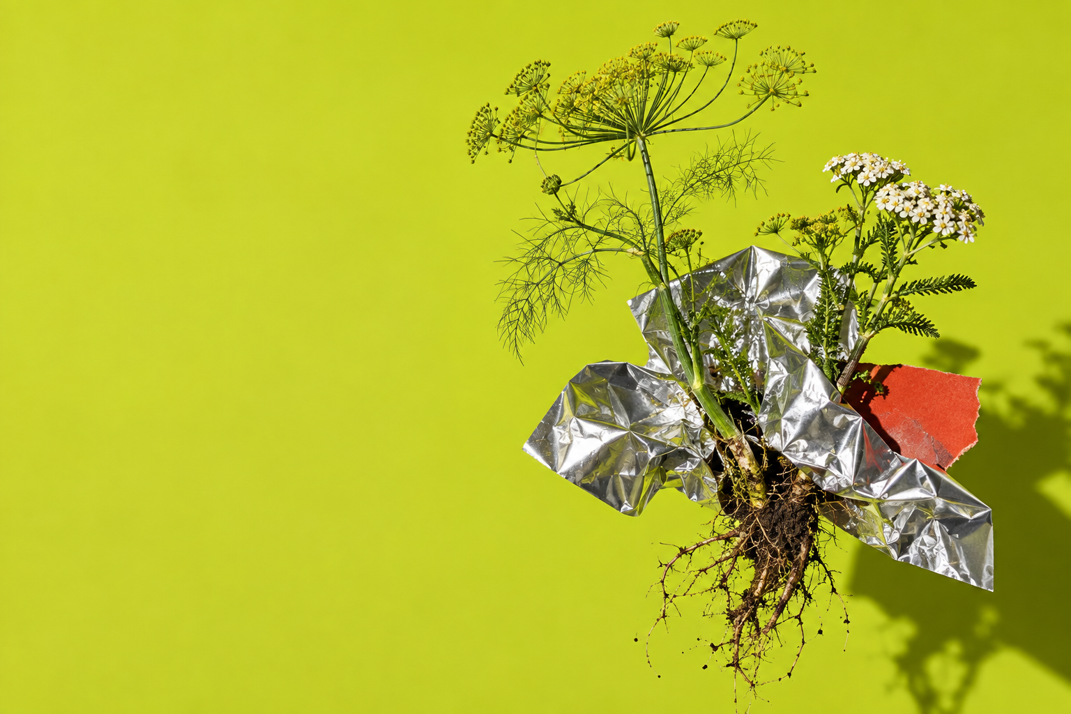 Original still life of fennel and wildflowers rooted in crumpled silver against chartreuse